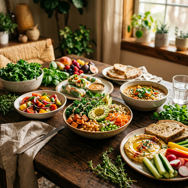 Mesa servida con deliciosos platos veganos